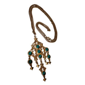 Vintage 60s Gold Filigree & Green Rhinstone Drop Pendant Necklace